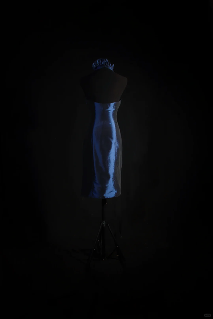 Sexy Navy Blue Satin Beaded Sheath Short Graduation Homecoming Dress,Halter Mini Birthday Dress D3297