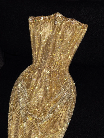 Gorgeous Strapless Gold Sequin Tulle Mermaid Long Evening Dress Birthday Party Dress D4560