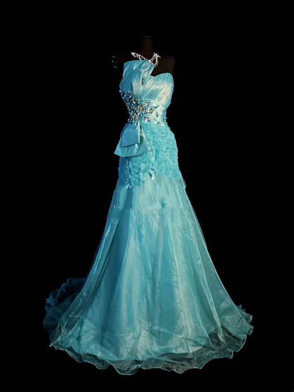 Elegant Sweetheart Blue Organza Mermaid Long Prom Dresses 18th Birthday Party Dress D4464
