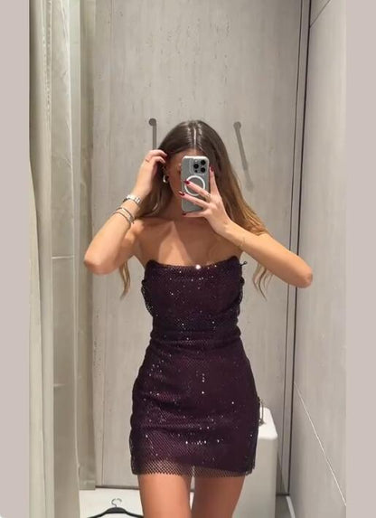 Shiny Dark Purple Sequin Sheath Short Graduation Homecoming Dress,Strapless Mini Prom Dress D4128