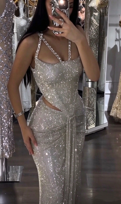 Glamorous Sequin Beaded Mermaid Slit Long Prom Dress Silver Long Party Gown D5123