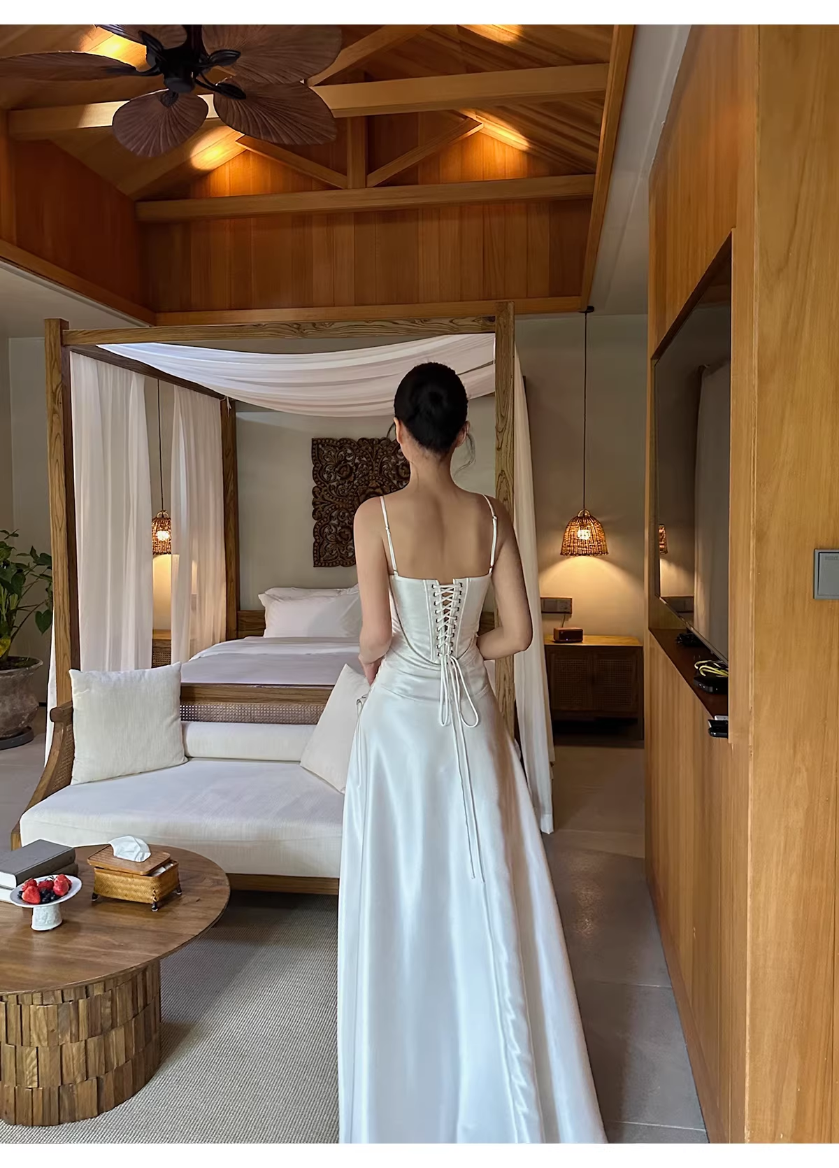 Classy Spaghetti Straps White Satin A Line Long Birthday Evening Dress Formal Wedding Guest Dress D2128