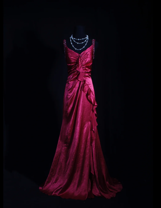 Stylish Hot Pink Satin V Neck Mermaid Evening Dress Backless Long Party Gown With Beads D2254
