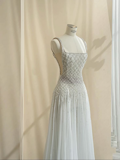 Glamorous Spaghetti Straps Tulle Beaded A Line Party Dress,White Long Evening Dress D3830