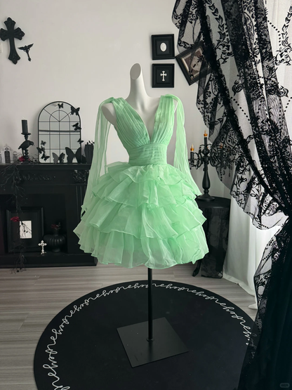 Classy Mint Green V Neck Tulle Layered Short Homecoming Dress,Mini 20th Birthday Outfits D3701