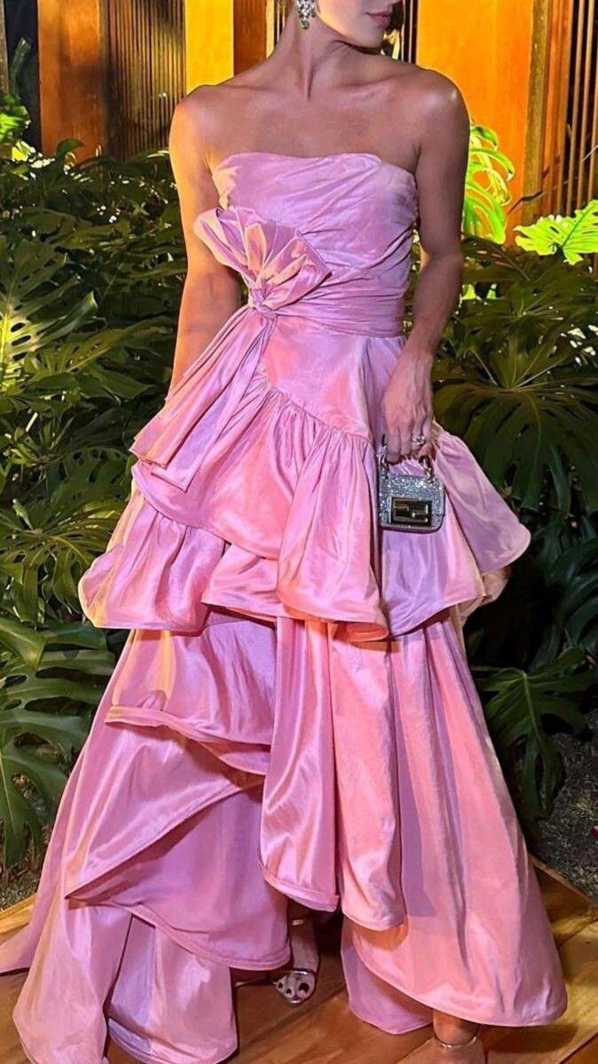 Pretty Pink Strapless Satin Pleated Ruffles Long Birthday Party Dress Evening Gown D4592