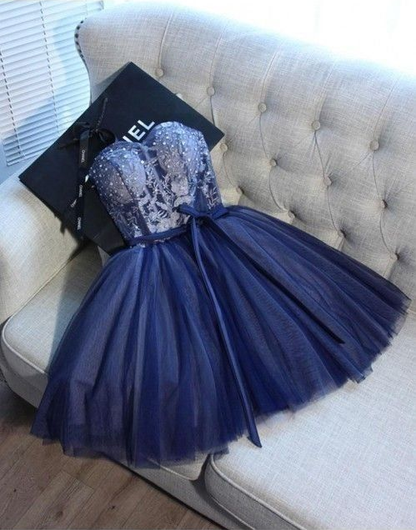 Classy Sweetheart Neck Tulle A Line Short party Dress,Navy Blue A Line Short Homecoming Dress D3994