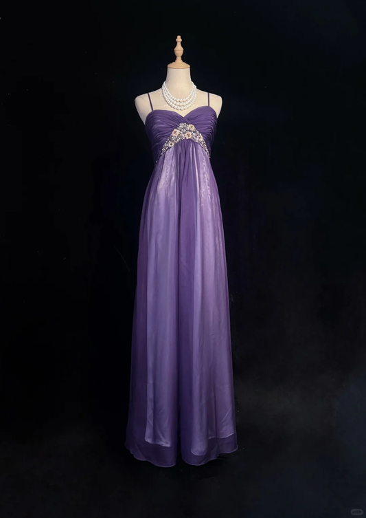 Elegant Spaghetti Straps Lavender Satin Chiffon Sequin Evening Dress Long Wedding Guest Dress D3118