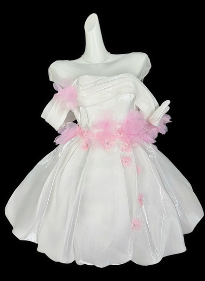 Charming Off The Shoulder Satin Appliques A Line Short Birthday Dress,White Short Homecoming Dress D4182