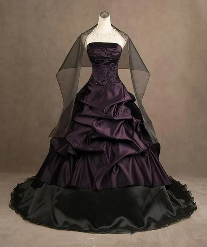 Retro Dark Purple Strapless Satin Pleated Beaded Ball Gown Formal Quinceanera Dress D1165