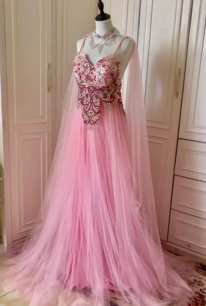 Pretty Pink Tulle Lace Appliques Beaded Evening Dress Spaghetti Straps Backless Long Prom Gown D3096