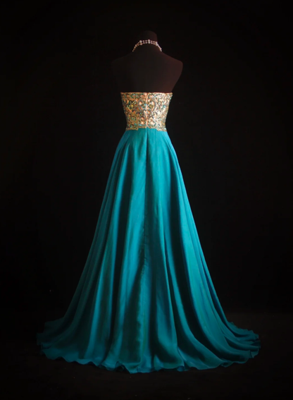 Unique Blue Green Strapless Satin Beaded Long Wedding Guest Dress Formal Birthday Party Dress Prom Gown D1999
