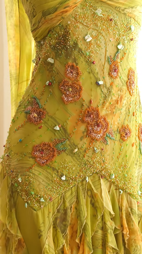 Unique Spaghetti Straps Chiffon Beaded Ruffles Evening Dress Olive Yellow Birthday Prom Gown D2720