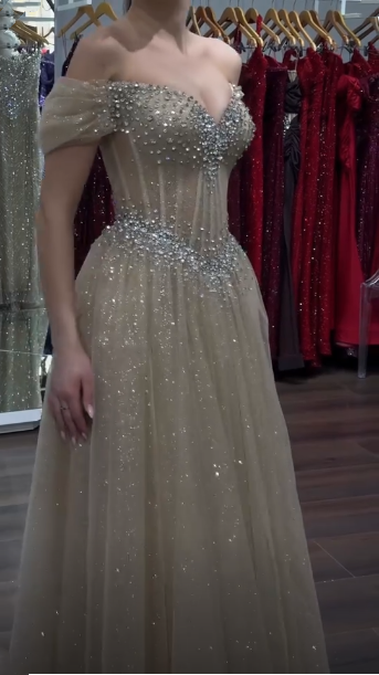 Elegant Champagne Tulle Sequin Beaded A Line Long Party Dress Off The Shoulder Long Birthday Evening Dress D4633