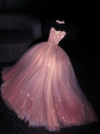 Elegant Ball Gown Strapless Pink Polka Dots Tulle Long Evening Dress Formal 18th Birthday Prom Dresses D4549