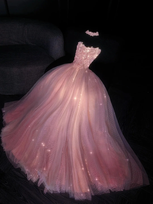 Elegant Ball Gown Strapless Pink Polka Dots Tulle Long Evening Dress Formal 18th Birthday Prom Dresses D4549