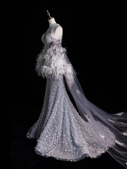 Charming Halter Tulle Sequin Beaded Mermaid Long Evening Dress Birthday Party Dress With Feathers Cape D4857