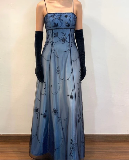 Gorgeous Spaghetti Straps Ombre Blue Tulle Beaded Mermaid Eevening Dress Long Birthday Party Gown D1695