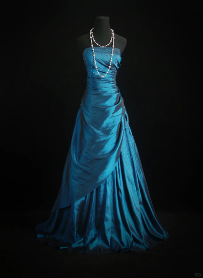 Vintage Blue Strapless Satin Beaded Long Prom Dress Party Dress D2853