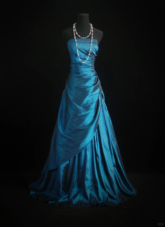 Vintage Blue Strapless Satin Beaded Long Prom Dress Party Dress D2853
