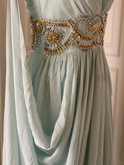 Elegant Blue V Neck Chiffon Beaded Long Evening Dress Prom Gown D3091