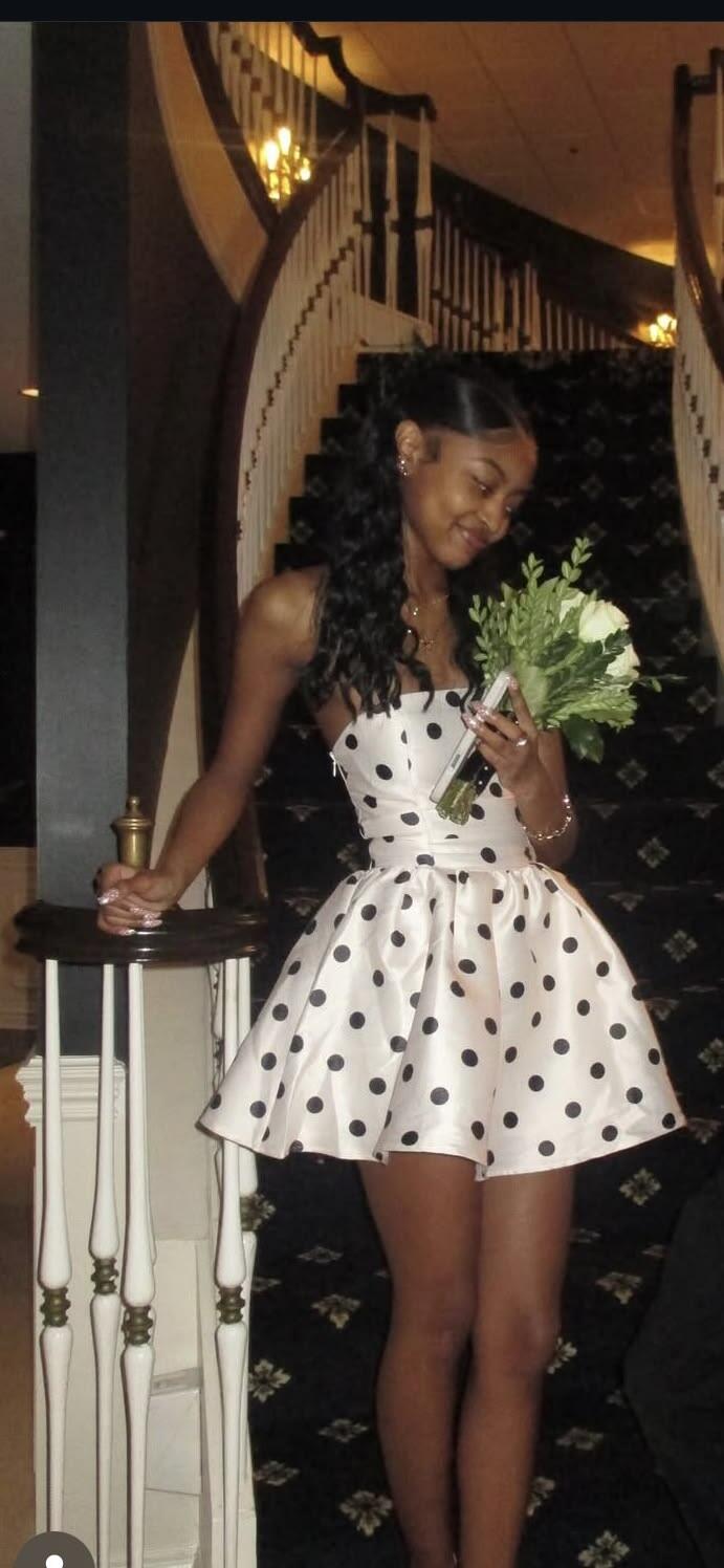 Cute Strapless Satin Polka Dot A Line Short Homecoming Dress,White Short Prom Dress D3759