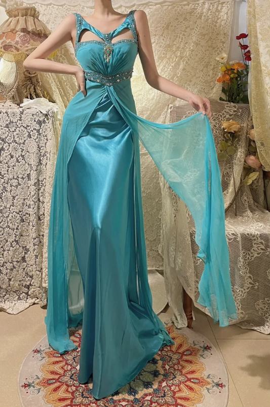 Retro Blue Satin Chiffon Beaded Mermaid Long Evening Dress Formal Wedding Guest Dress D2136