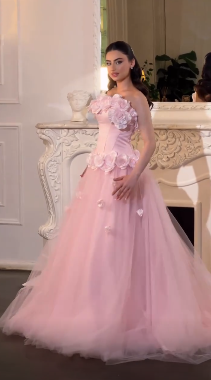 Elegant Pink Strapless 3D Floral Tulle Long Party Dress Evening Dress D3737