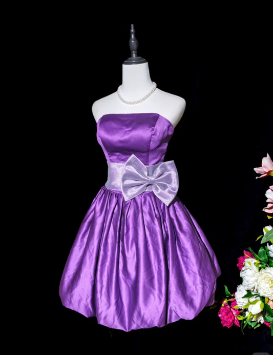 Fashion Purple Strapless Satin A Line Short Graduation Homecoming Dress Birthday Dress With Bow D2369
