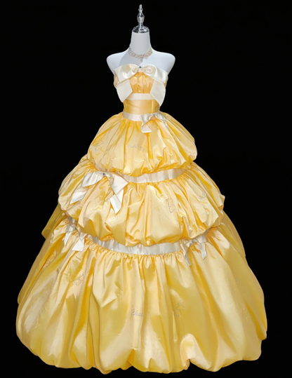 Unique Strapless Ball Gown Yellow Satin Beaded Formal Quinceanera Dress Sweet 16 Dress D2346