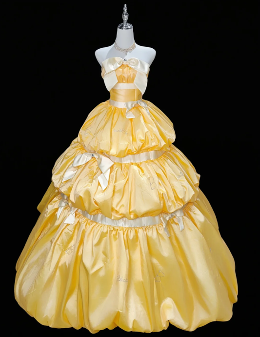 Unique Strapless Ball Gown Yellow Satin Beaded Formal Quinceanera Dress Sweet 16 Dress D2346