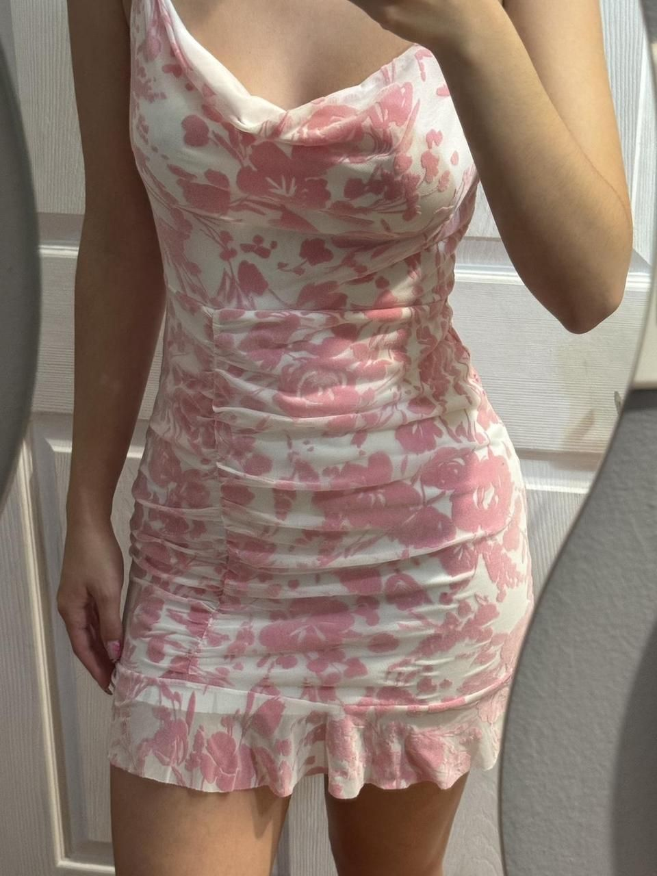 Charming Pink Chiffon Print Floral Ruffles Short Birthday Outfits Formal 8th Grade Homecoming Dress D141