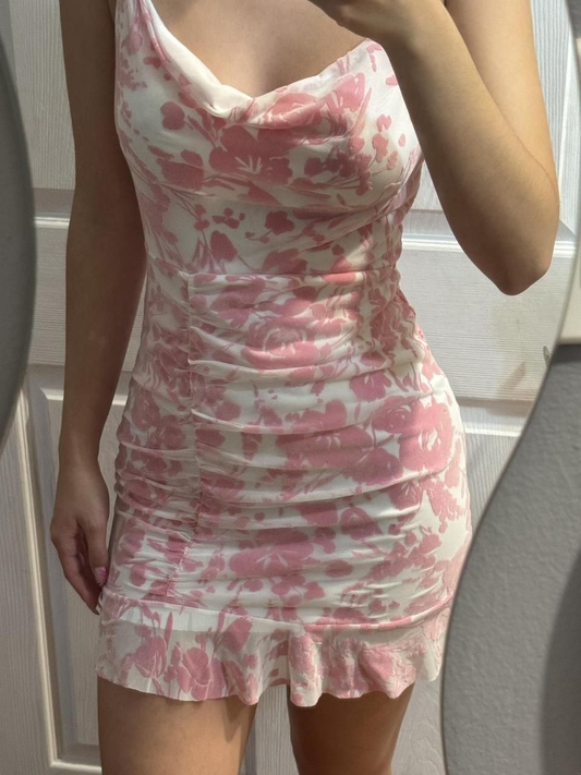 Charming Pink Chiffon Print Floral Ruffles Short Birthday Outfits Formal 8th Grade Homecoming Dress D141