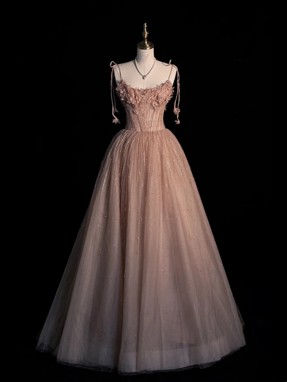 Pretty Spaghetti Strap Pink Tulle Sequin Beaded Appliques Long Birthday Prom Dresses Evening Gowns D4835