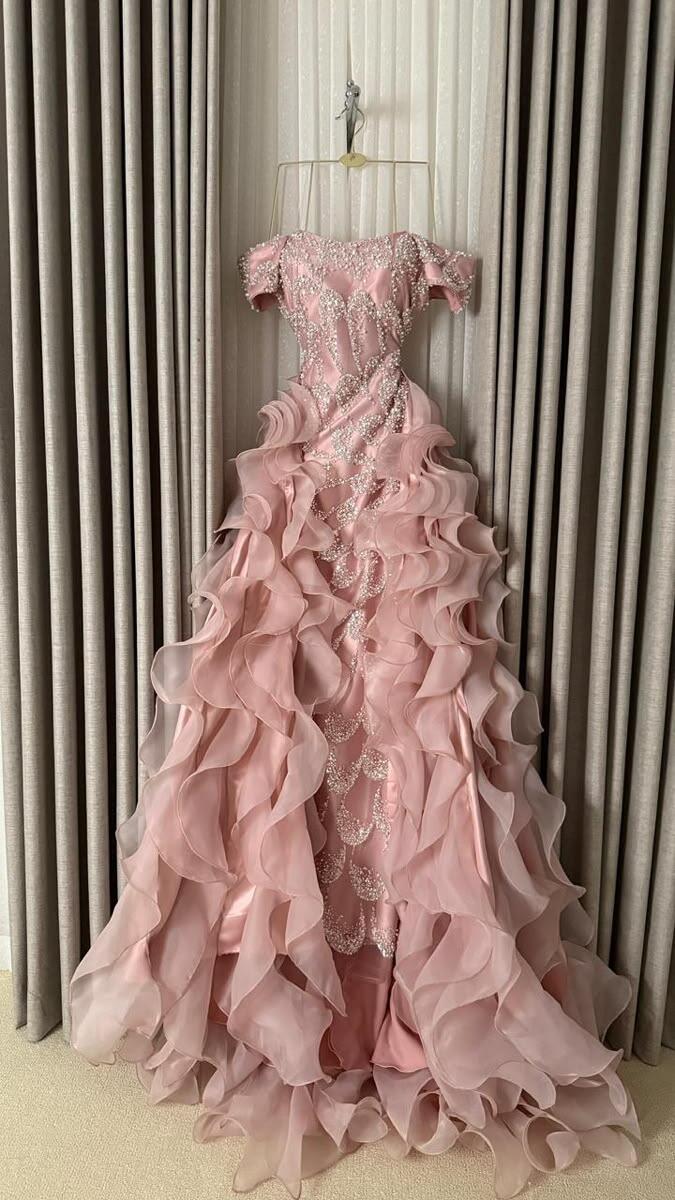 Charming Off The Shoulder Satin Beaded Chiffon Ruffles Mermaid Long Party Dress Pink Long Evening Dress D4503