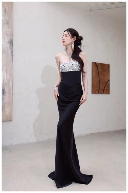 Fashion Black Strapless Satin Sequin Beaded Mermaid Evening Dress Long Wedding Guest Dress D2453