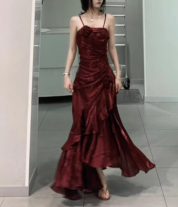 Vintage High Low Spaghetti Straps Burgundy Long Party Dresses Birthday Outfits SD451
