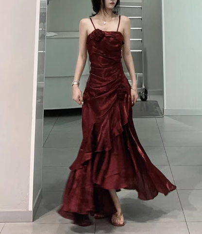 Vintage High Low Spaghetti Straps Burgundy Long Party Dresses Birthday Outfits SD451