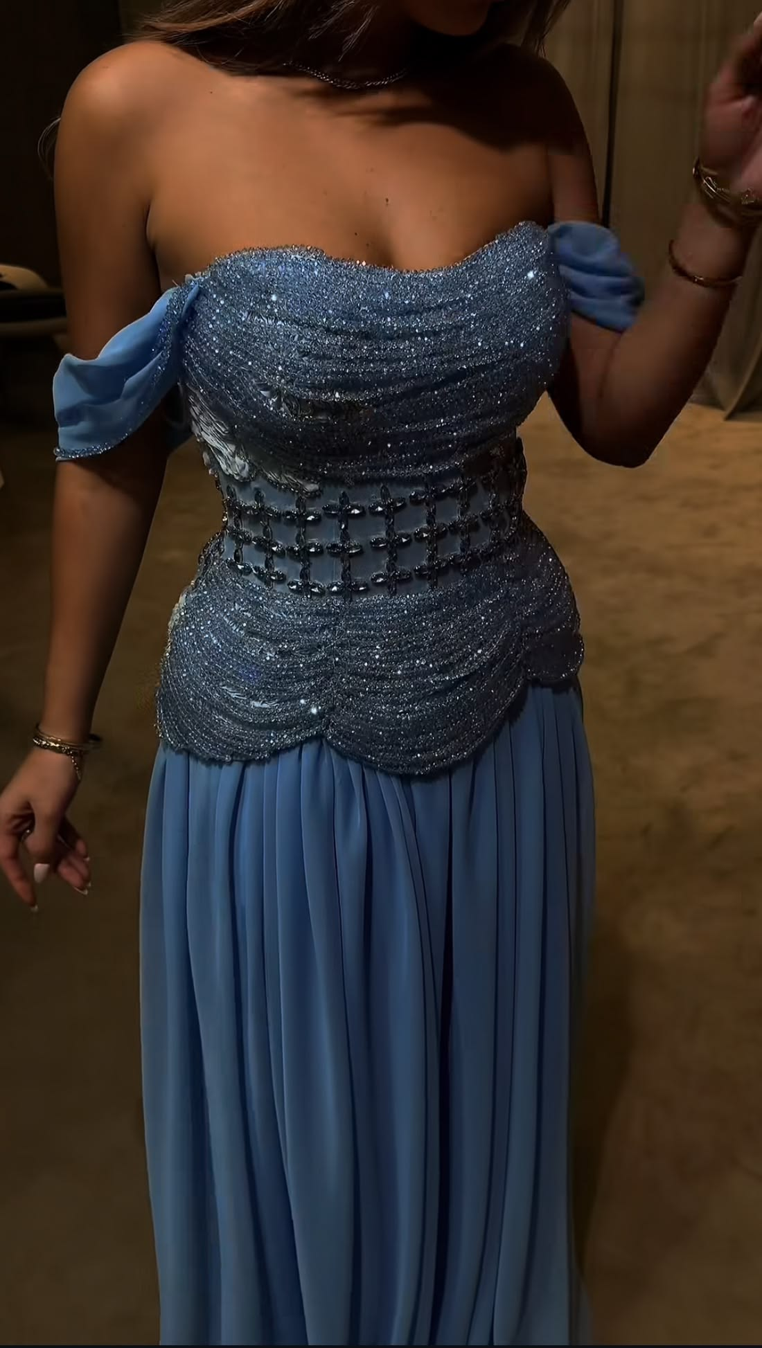 Classy Off The Shoulder Chiffon Beaded Long Wedding Guest Dress Blue Long Evening Dress Prom Gown D4795