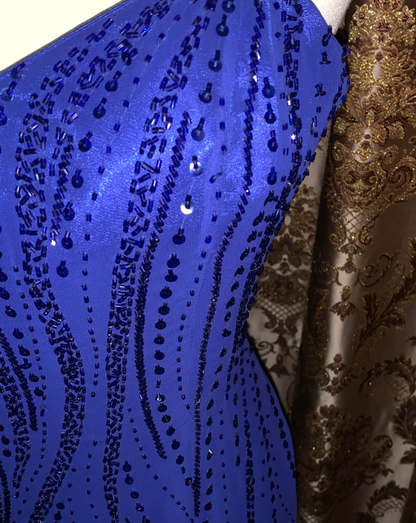 Gorgeous Spaghetti Straps V Neck Blue Satin Beaded Long Birthday Party Dress Formal Evening Gown D1752