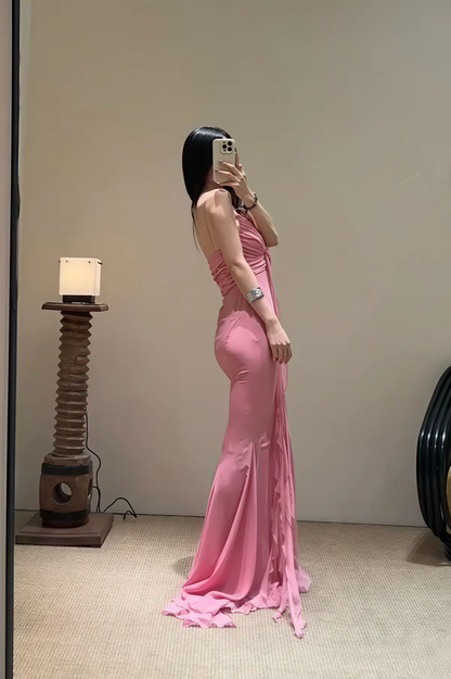 Retro Sheath Spaghetti Straps Pink Chiffon Long Party Dress Prom Dresses SD1400
