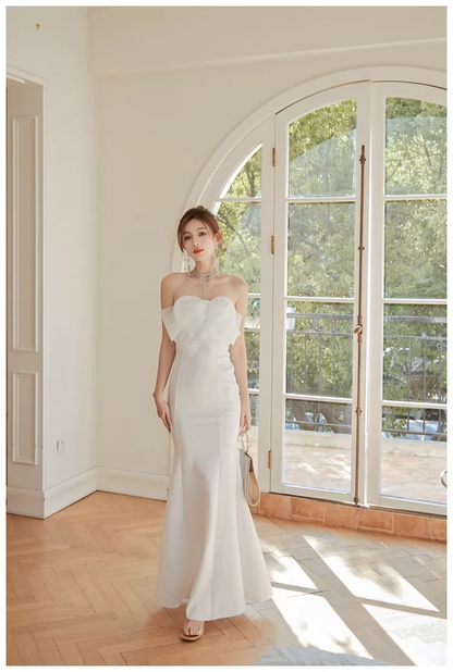Classy White Strapless Bow Satin Mermaid Long Wedding Guest Dress Formal Evening Dress Prom Gown D2446