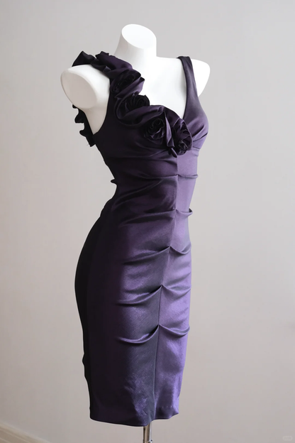 Elegant Sleeveless Satin Sheath Over-the-knee Party Dress Purple Birthday Dress D2722