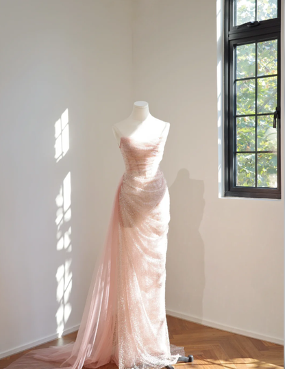 Glitter Pink Strapless Sequin Pleated Mermaid Long Wedding Guest Dress Formal Birthday Evening Dress D2147