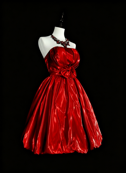 Fashion Strapless Red Satin Pleated A Line Short Homecoming Dress Birthday Outfits D4045
