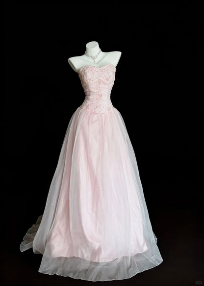 Elegant Pink Satin Tulle Beaded Long Evening Dress Sweetheart Neck Prom Dress D5228