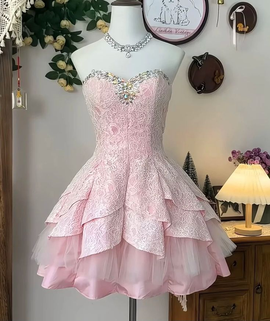 Classy Strapless Lace Beaded A Line Homecoming Dress Pink Short Birthday Dress S278