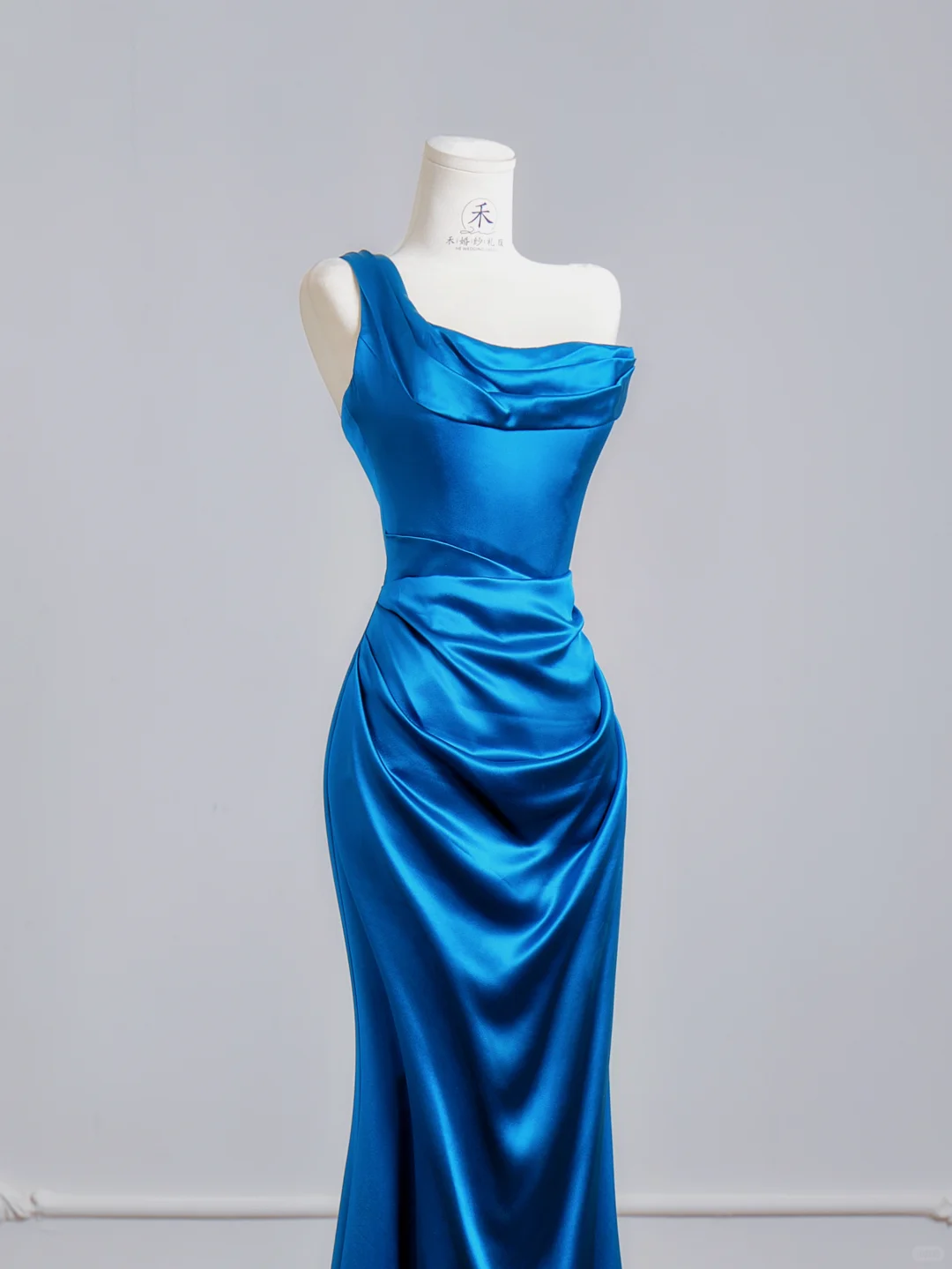 Elegant One Shoulder Satin Mermaid Evening Dress Prom Gowns Blue Long Wedding Guest Dress D2503