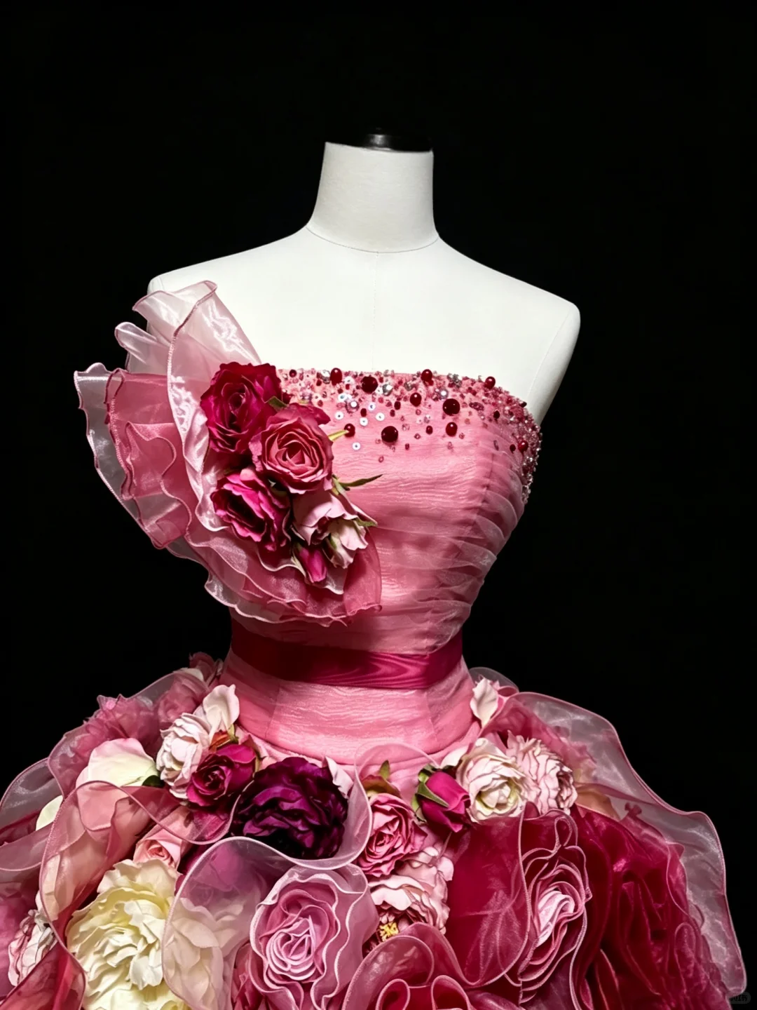 Charming Strapless Pink Satin Tulle Pleated Floral Quinceanera Dress Sweet 15 16 Dress D5275