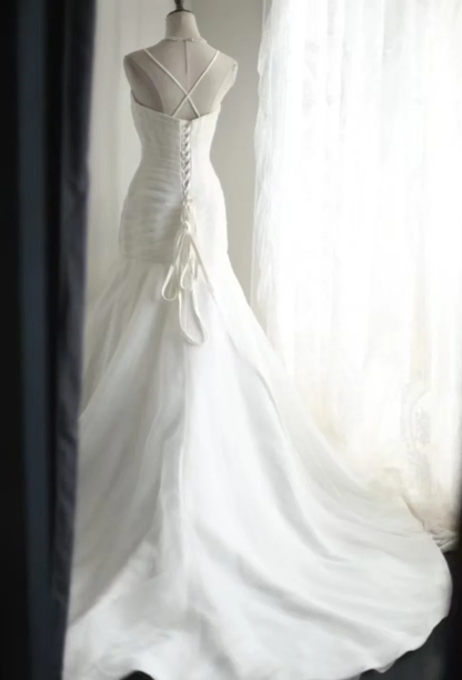 Charming Spaghetti Straps White Irregular Satin Organza Mermaid Princess Wedding Dress Long Bridal Gowns D2318